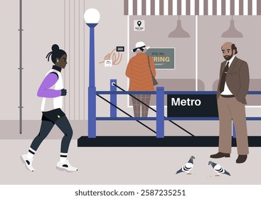 A character jogging briskly near a bustling metro entrance, surrounded by curious pigeons and onlookers, all contributing to the vibrant city atmosphere