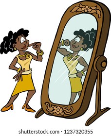 Character Josephine discovering her inner strength in front of a mirror