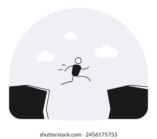 Character jumping leap between mountain obstacles. Vector illustration for success, courage and motivation