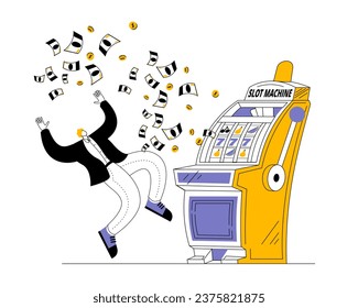 A character jumps happily next to a slot machine with a jackpot. Vector illustration on the theme of winning from gambling.