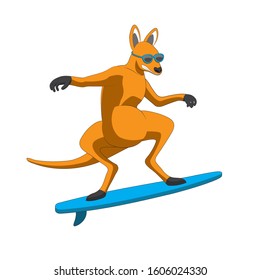 The character is a kangaroo animal surfing in sunglasses on an isolated white background. Vector image. Cartoon eps 10