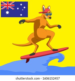 The character is a kangaroo animal surfing in sunglasses on an isolated white background. Vector image. Cartoon eps 10