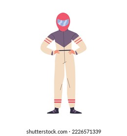 Character in kart racing protective helmet and suit, flat vector illustration isolated on white background. Driver of kart race competition.