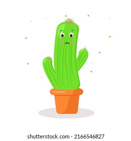 the character is a kawaii cactus in a pot with emotions sad