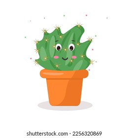 the character is a kawaii cactus in a pot with emotions cheerful