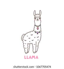 Character kawaii cute llama with a smile, on a white background. It can be used for sticker, patch, phone case, poster, t-shirt, mug and other design.