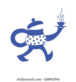 Character a kettle with a cup of hot tea. Cute funny vector illustration