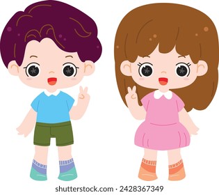 Personaje niño lindo kawaii familia niño y niña hermana hermano madre padre futuro color asiático chibi estilo cómico