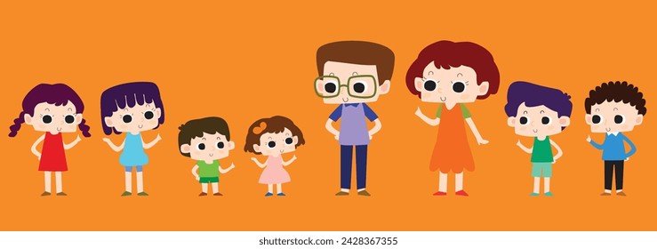 Personaje niño lindo kawaii familia niño y niña hermana hermano madre padre futuro color asiático chibi estilo cómico