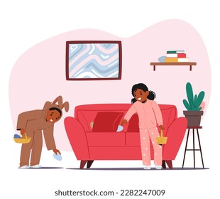 Character. Kids Eagerly Search For Colorful Easter Eggs In Their Home. Concept of Excitement Of The Holiday, Easter Events, Family Activities Or Springtime Themes. Cartoon People Vector Illustration
