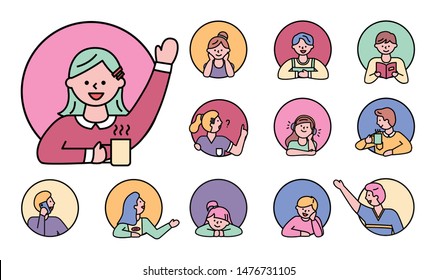 Character kids in window, isolated circles set line pupils female and male personages. Personage reading books, bookworm student listening music in headphones. People face in action round color icons