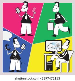 Character kit. character office manager, different hand gestures, face and legs, face only good and friendship. Character in retro style 80s, his hands is doodle fun, he help customers with shipping
