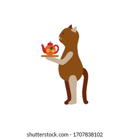 The character of a kitten stands on its feet, like a person in profile. Cute cartoon cat holds a tray with a teapot. Cheerful friendly animal isolated vector. Concept for tea party, celebration. 