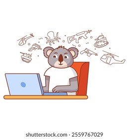 Character is a koala bear boy in play video games on pc.Child gamer enjoy on computer.Gaming laptop and headphones.Isolated on white background.Young school kid lion.Playing computer game.