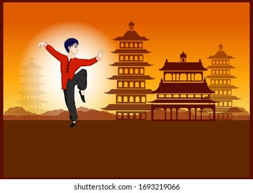 Character In Kung Fu Pose with China Temple Silhouette in Background Vector Illustration, Editable Artwork