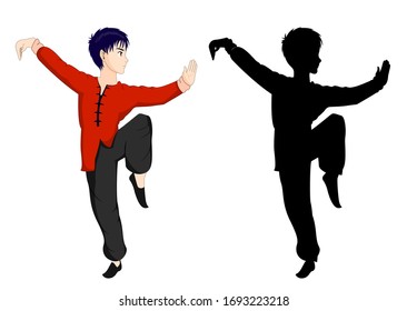 Character In Kung Fu Pose with Silhouette Vector Illustration, Editable EPS, With White Background