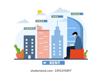 character with laptop choosing a new house to rent, person looking for an apartment, Online real estate selection or search service, Housing selection by rating, New property owner.