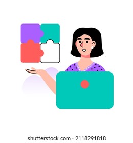 Character  With Laptop And Elements Of Puzzles. Problem Solving Concept. Puzzle Solution. Right Choice. Vector Illustration In A Flat Style