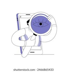 A character with a large magnifying glass is looking for something online. Vector illustration on the topic of help in searching on a smartphone and on the web. Illustration for a mobile application.