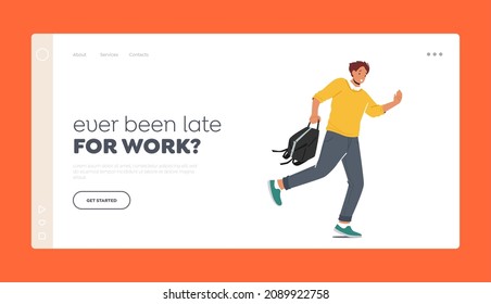 Character Late at Work Landing Page Template. Anxious Young Man with Bag in Hand Hurry due to Oversleep or Traffic Jam. Businessman Run, Stress Situation Concept. Cartoon People Vector Illustration