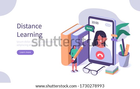 Character Learning Online on Smartphone and  Studying with Exercise Books. Girl Having Video Chat with Teacher. Online Education and Distance Learning Concept. Flat Isometric Vector Illustration.
