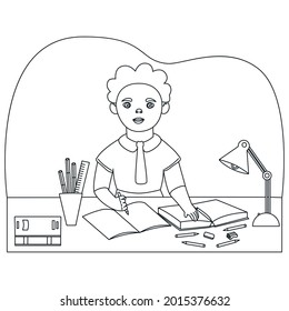 The character is learning. The student performs the task at the desk. School and education concept. Linear drawing. Coloring. Scribble. Cartoon style. Vector.