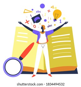 Aprendizaje de personajes en la universidad, escuela o universidad, obteniendo conocimientos y habilidades. Desarrollo y educación. Libro con lupa, bombilla y sombrero de graduación con reglas, vector de estilo plano