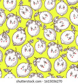 Character lemon background for design. Lemon seamless pattern. Hand drawn vector illustration. Cartoon style. Citrus lemon pattern illustration. Lemon packaging design. Cute food kawaii.