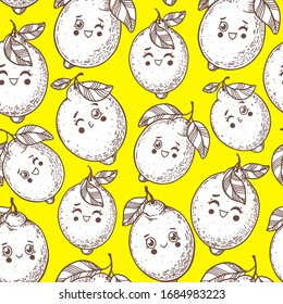 Character lemon background for design. Lemon sketch seamless pattern. Hand drawn vector illustration. Black and white style. Citrus lemon pattern illustration. Lemon packaging design. Cute food kawaii