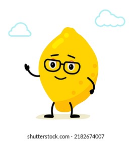 personaje Lemon, cítricos. Un estilo cómico cortés y divertido. Ilustración vectorial de caricatura plana aislada en fondo blanco. caracter limón amarillo y maduro en gafas. una sola imagen o icono.