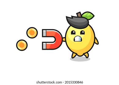 el carácter del limón sostiene un imán para capturar las monedas de oro , diseño de estilo lindo para camiseta, pegatina, elemento logo