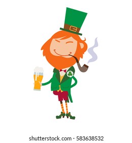 Character leprechaun standing full length, smoking pipe and with beer. For Saint Patrick's day. Vector modern flat design. Irish party