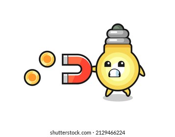 the character of light bulb hold a magnet to catch the gold coins , cute style design for t shirt, sticker, logo element