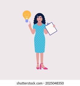 Character with a light bulb. Idea brainstorming concept. Vector illustration in a flat style.