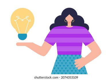 Carácter con bombilla. Concepto de lluvia de ideas. Ilustración vectorial en un estilo plano.