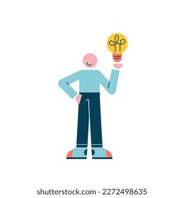 Carácter con bombilla. Concepto de idea. Ilustración vectorial en un estilo plano