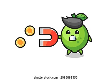 the character of lime hold a magnet to catch the gold coins , cute style design for t shirt, sticker, logo element