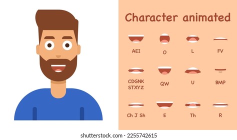 Character lip sync set. Cartoon man. Mouth and lips for sound pronunciation. Flat style. Vector illustration.
