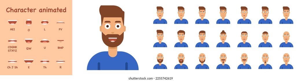 Character lip sync set. Cartoon man with different emotions, hairstyle and beard. Mouth and lips for sound pronunciation. Flat style. Vector illustration.