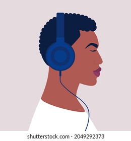 Character listen to music on headphone. Audio books. Meditation. Lecture. Vector illustration in a flat style