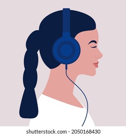 Character listen to music on headphone. Audio books. Meditation. Lecture. Vector illustration in a flat style