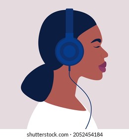 Character listen to music on headphone. Audio books. Meditation. Lecture. Vector illustration in a flat style