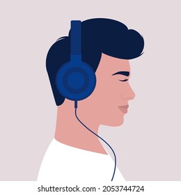 Character listen to music on headphone. Audio books. Meditation. Lecture. Vector illustration in a flat style