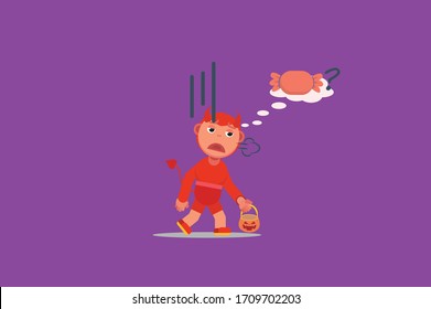 A character of a little boy dressed a devil costume hungry of candy. Halloween theme. Simple character vector illustration, this illustration can use as a sticker also.