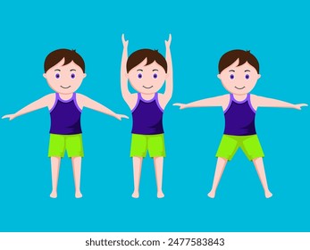 Character of little boy standing in different exercise position.