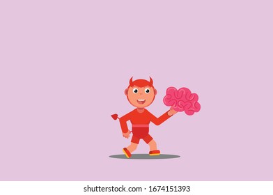 A character of a little boy uses a devil costume and carrying a brain, Halloween theme. Simple character vector illustration, this illustration can use as a sticker also.