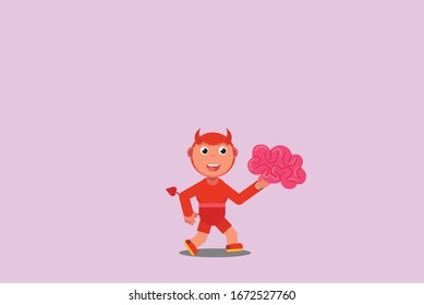 A character of a little boy wearing a devil costume while holding a big brain, Halloween theme. Simple character vector illustration, this illustration can use as a sticker also.
