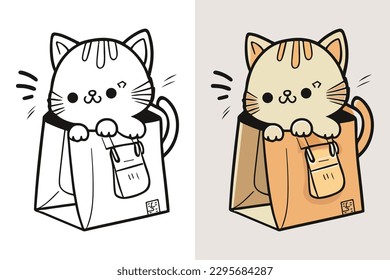 The character of a Little cat in a paper shopping bag, Cute cat, Cat cartoon, drawing, Cat mascot