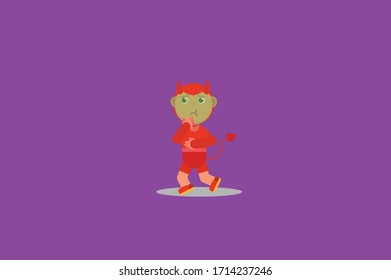 A character of a little devil who wants to throw up. Halloween theme. Simple character vector illustration, this illustration can use as a sticker also.