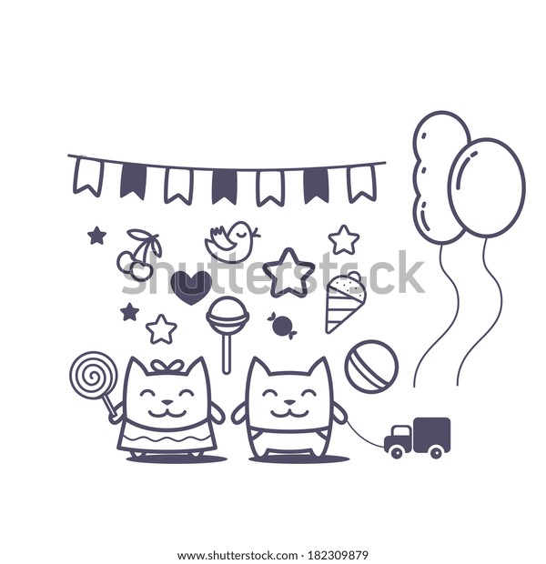 Character little girl in a dress  with a bow on head \
and boy in pants with a bow on head line art composition of child\
accessories.  Cat male and female stand smiling and holding a \
candy and toy car